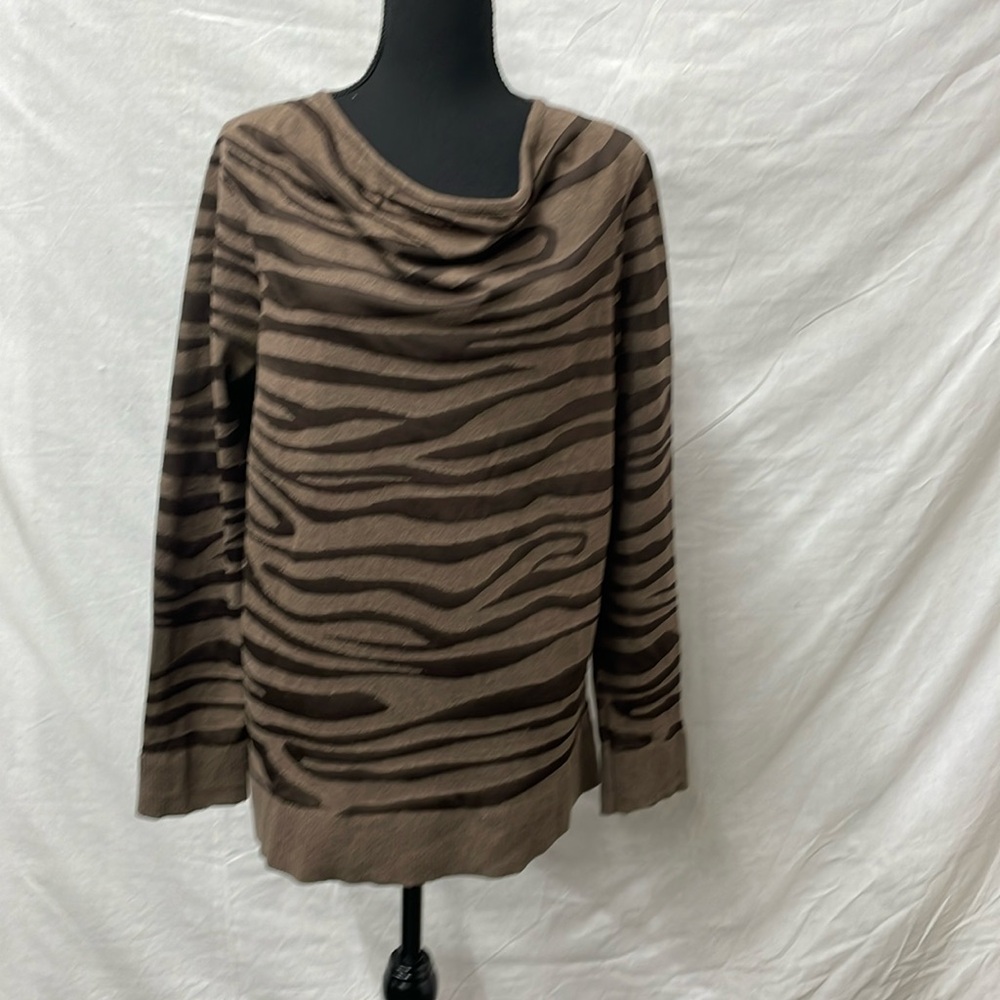 Dana Buchman brown and light brown tiger-striped top with semi-cowl neck, size L